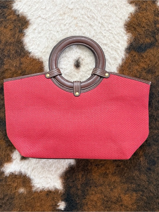 croft & barrow Handbags - Structured Red Tote with Brown Leather Ring Handles